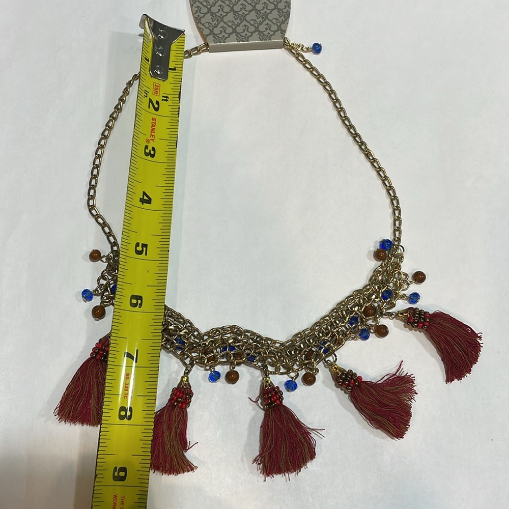 5/$30🏷️ World Market tassels, beads necklace rust, blues, reds, gold metal - Picture 4 of 9